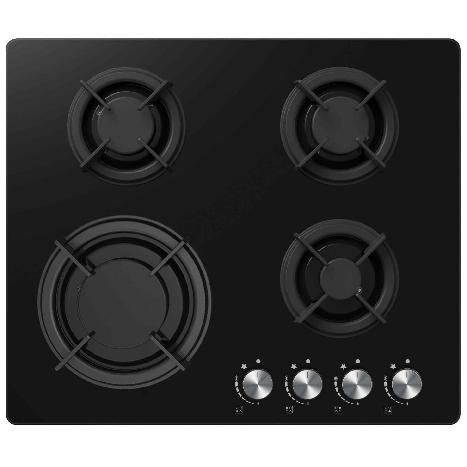 60cm Black 4 Burner Gas On Glass Hob With Cast Iron Supports | Cookology