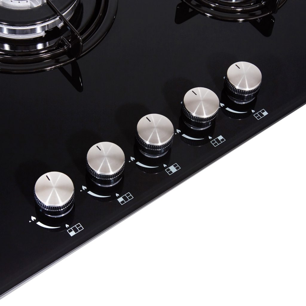 70cm Black 5 Burner Gas On Glass Hob With Enamel Supports Cookology