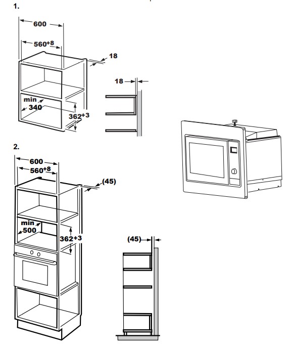 Technical diagram for the installation of Cookology IM20 integrated built-in microwaves