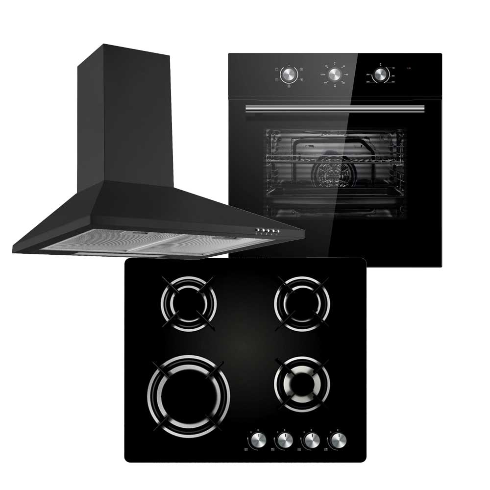 Gas-on-Glass Hob & Cooker Hood Pack Cookology Black Electric Fan Forced Oven 