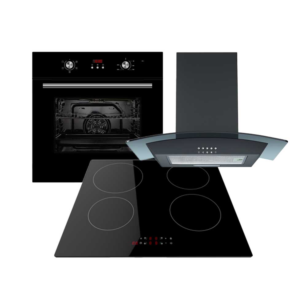 Induction Hob & 60cm Curved Glass Hood Pack Black Cookology Electric Fan Oven 