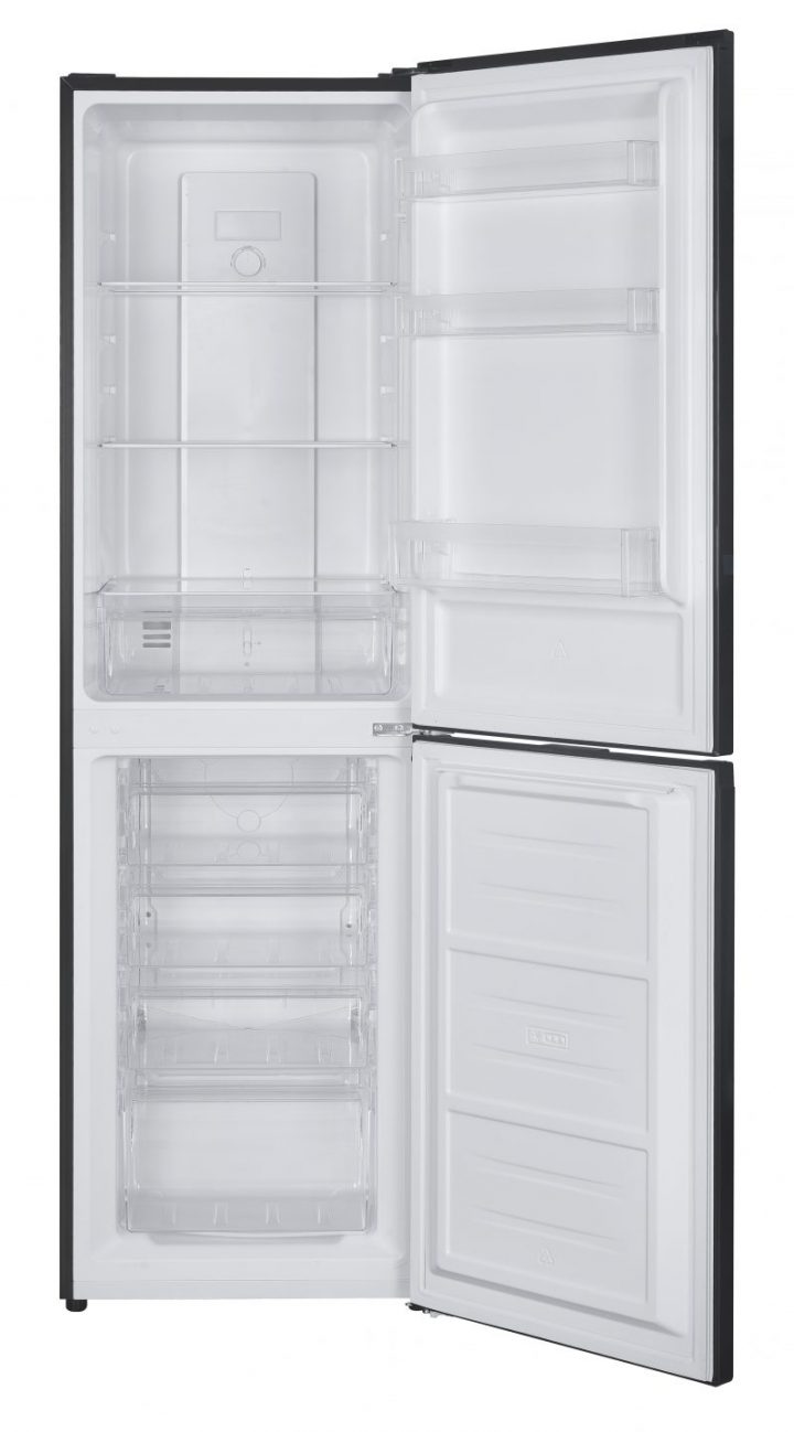 Cookology Black 50/50 Freestanding Fridge Freezer with the door open