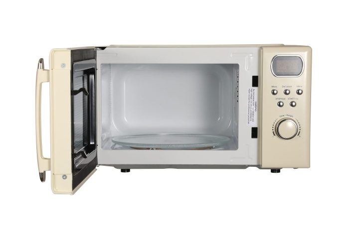 cream retro microwave front view with door open