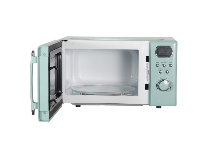 mint green retro microwave front view with door open
