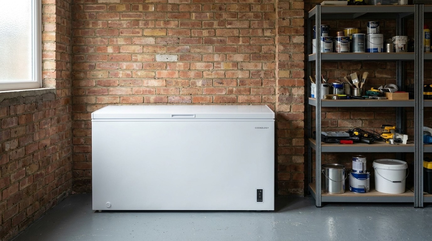 White Cookology chest freezer in a UK home garage with shelving