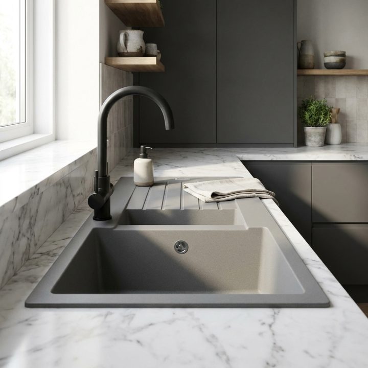 Arezzo 1.5 Bowl Granite Composite Sink with Drainer - Grey - 5eaef3193c45ea04e02cb1c51310494e097113f4de14cce616fc256e14ee308e