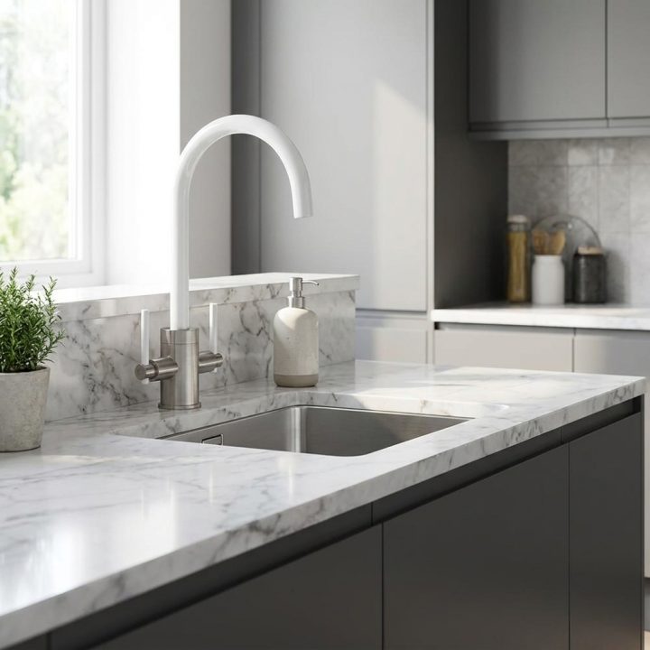 Livorno Brushed White Twin Lever Kitchen Tap - cdca87d2c55d7bd6dd4a276786da0f836e49651579f3c060e4da2422fb22efe4