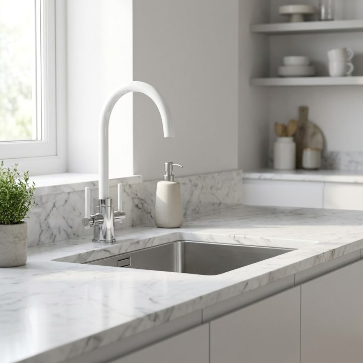 Livorno Chrome White Twin Lever Kitchen Tap - c12417321d101232475cf51aadd85d2874222b73c557f577edd043b4106c936a