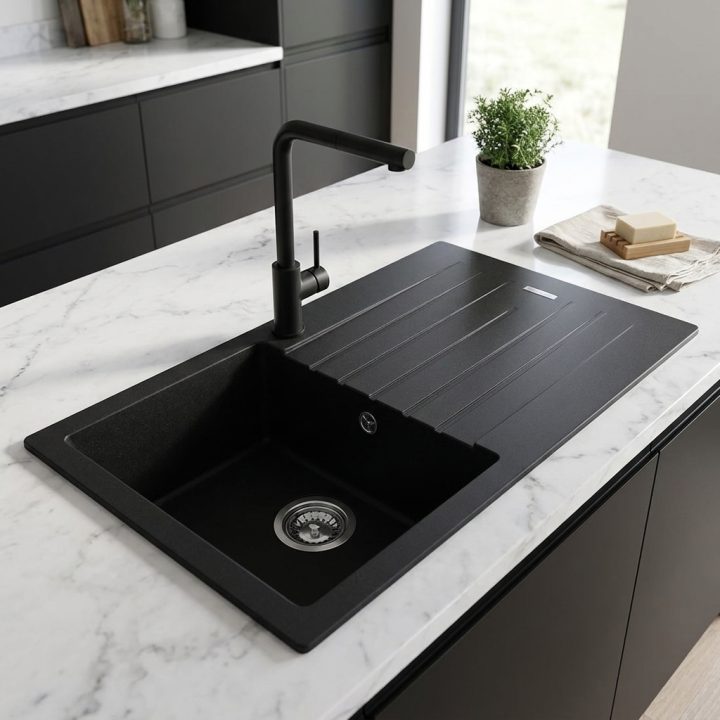 Pisa Black Granite Composite Kitchen Sink & Drainer - d6c1336d069218ab6878963a96bf084257cec5acc58324e75e302a1672ca5925