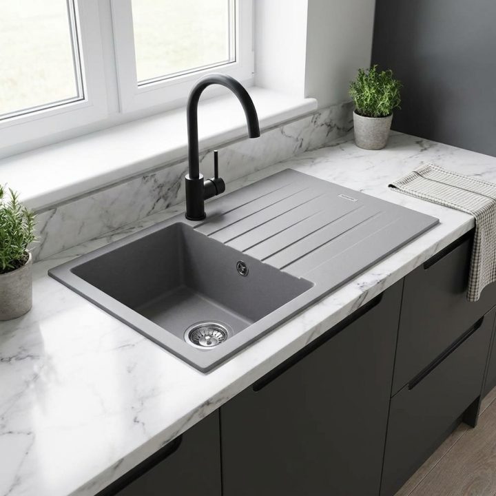 Pisa Grey Granite Composite Kitchen Sink & Drainer - 482629009f81bb5f683223bae10f20b2abd955c2ad507adc7d1fc9b1690f37ec