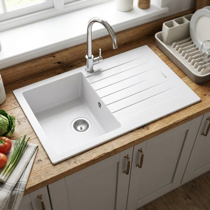 Pisa White Granite Composite Kitchen Sink & Drainer - 17d5ed20ce7236c01e18dd3f2af4fc336c5db3c6c4071b994ac0a24d5baa0d26