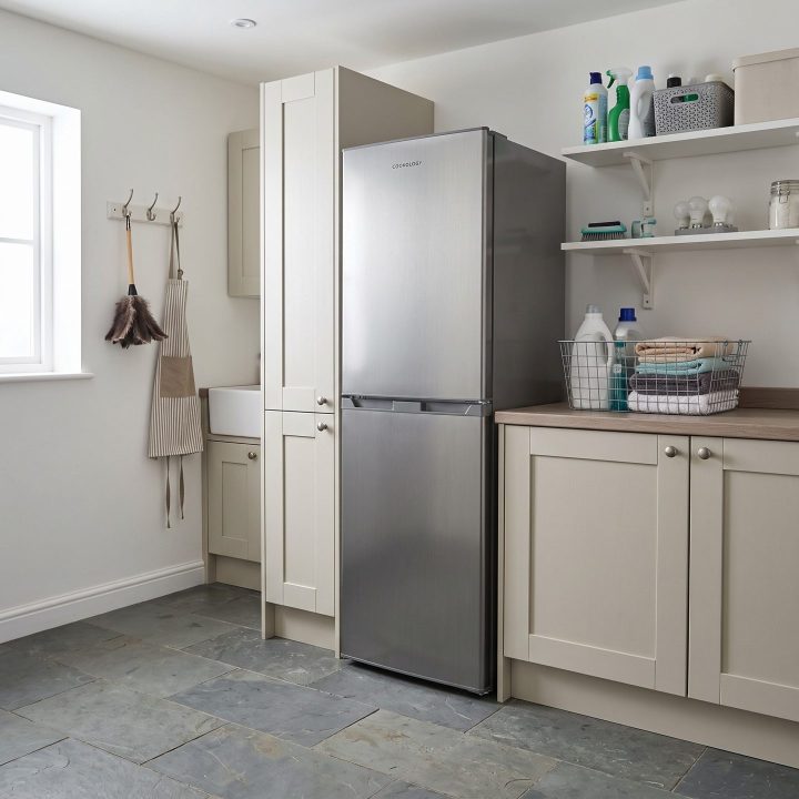 248L Freestanding Fridge Freezer 50/50 - Stainless Steel - Scale and room context