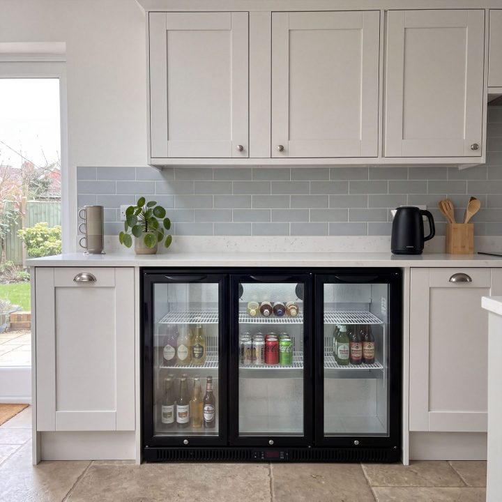 330L Commercial Back Bar Chiller Fridge 135cm - Black - Scale and room context