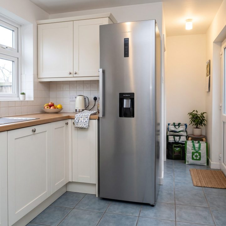 356L Freestanding Larder Fridge with Water Dispenser - Stainless Steel - Scale and room context