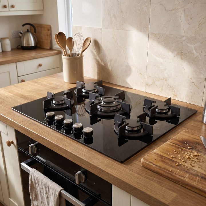 70cm Built-In 5 Burner Gas on Glass Hob with Wok Burner - Black - Product hero