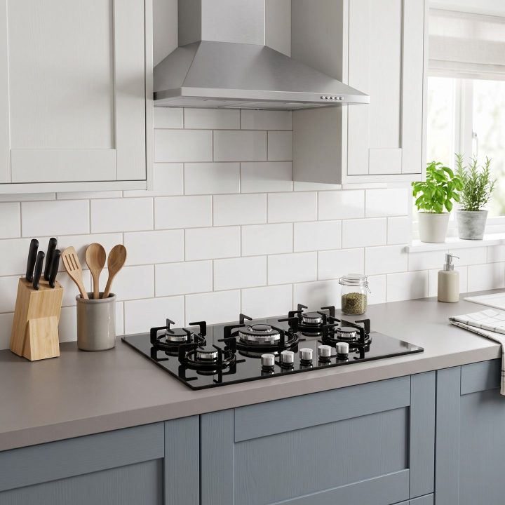 70cm Built-In 5 Burner Gas on Glass Hob with Wok Burner - Black - Scale and room context