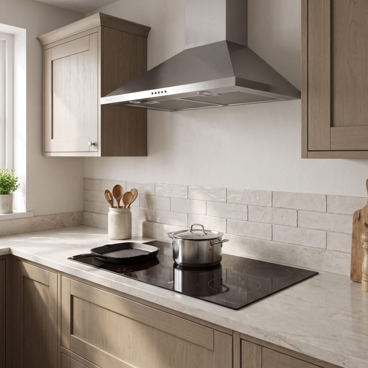 90cm 5 Zone Built-In Induction Hob - Black Glass - Scale and room context