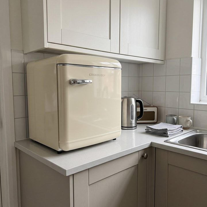 47L Retro Under Counter or Countertop Mini Fridge – Cream - Scale and room context