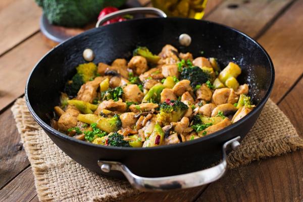 Stir fry chicken with broccoli and mushrooms